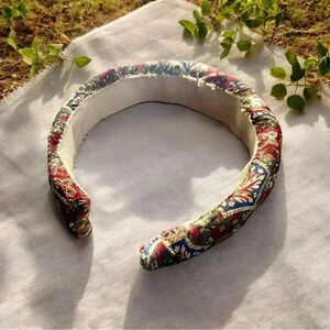 Handcrafted Abstract Floral Print Jewel Tones Headband with Grosgrain Ribbon